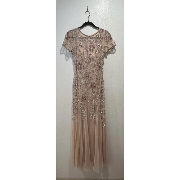 Adrianna Papell Hand Beaded Floral Godet Gown Women’s Mermaid Tulle Sequin Glam - Picture 1 of 15
